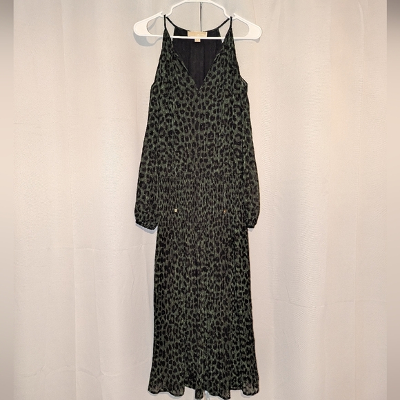 Michael Kors Cold Shoulder Cheetah-Print Georgette Tie-Neck Dress Women's Small - Picture 3 of 8